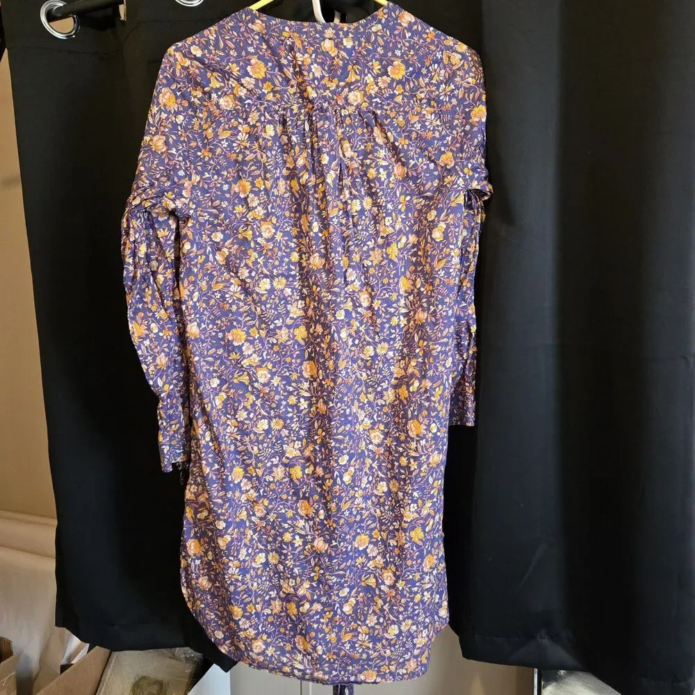 J. Crew Tunic W/Tie Belt, Purple Floral Boho Cotton Dress Small Sustainable